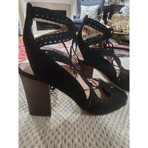 Kari Blue Womens Lace Up Peep Toe 3.5" Pump SIZE: 9.5 M Blk Suede Macys